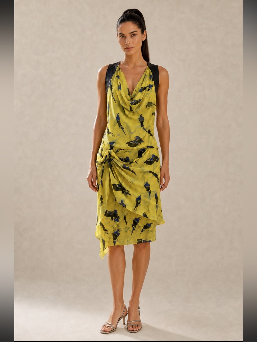 Isabel de Pedro Silk Bird Parrots Draped Midi Dress Leather Trim US 6 Spain